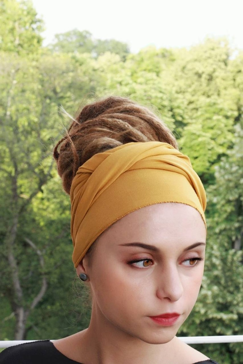 Yellow Mustard Head Scarf Turban Stretchy Cotton Headband Jersey Scarf Wide Scrunch headwrap Summer Yoga Headband Head Scarf New image 7