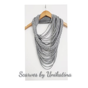 Szary naszyjnik z szalikiem w kształcie nieskończoności, naszyjnik z tkaniny, długi naszyjnik z wieloma łańcuszkami, naszyjnik z pętelką, pleciony naszyjnik dla kobiet