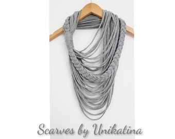 Gray Infinity Scarf Necklace Textile Fabric Statement Necklace Long MultistrandsWrap Necklace Loop Necklace Womans Braided necklace