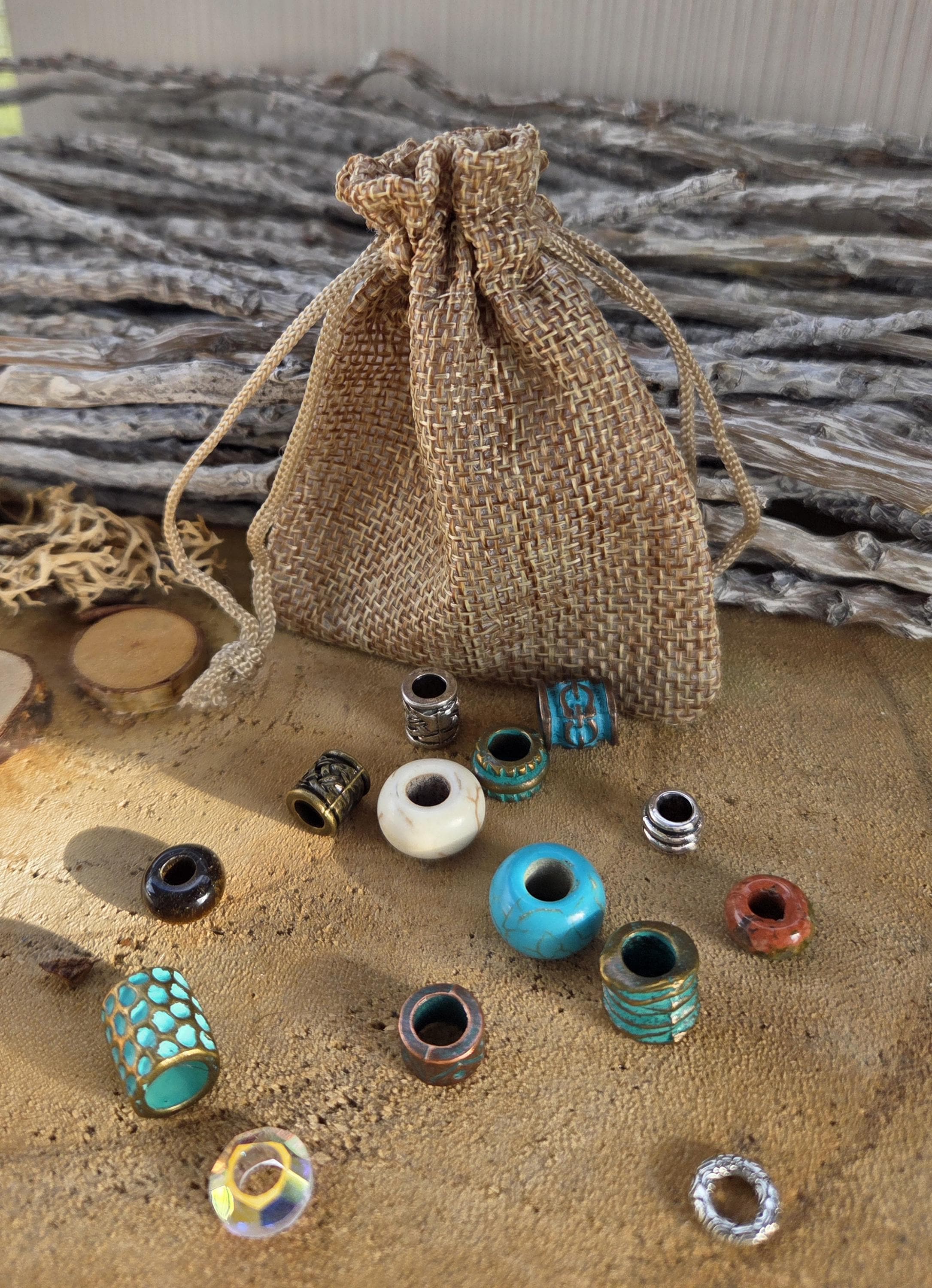 Mixed Dreadlock Bead Starter-Set, gemischte Dreadschmuck, Metall Türkis Stein Natürliche Edelstein Messing Glasperlen in rustikalen Sackleinen Beutel