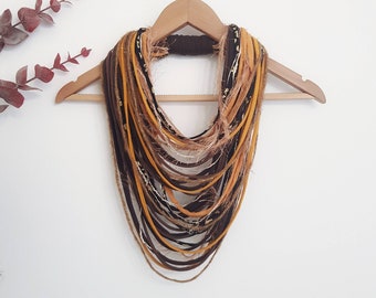 Gold and Brown Autumn Necklace Statement Woodland Infinity Fairy Scarf Necklace Boho Hippie Tribal Necklace FUN TO WEAR Necklace Yarn Scarf