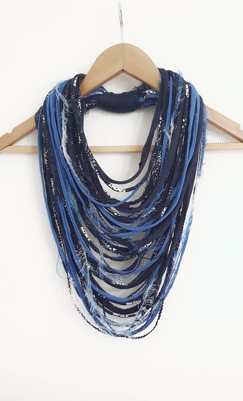 Blue Infinity Scarf Scarf Rope Scarf Necklace Winter accessories Fringe Necklace Boho Hippie Scarves Necklaces Navy Blue Scarf image 7