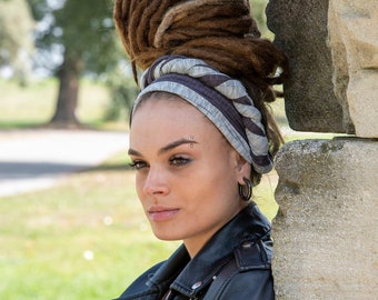 Pañuelo para la cabeza de dos caras en marrón y gris, turbante, diadema elástica de algodón, bufanda de jersey ancha, accesorio para la cabeza de verano, diadema, pañuelo para la cabeza