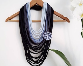 Scarf Necklace Gray Blue Scarf Cotton Scarf Girls Accesories Scarves and Wraps Infinity Scarf Statement Fabric Necklace Textile Jewelry