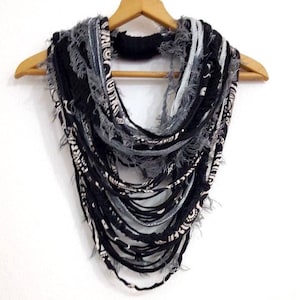 Black&White Gray Textille Scarf Necklace Fiber Necklace Tribal Festival Costume Jewelry Infinity Scarves Coacella Burning Man Infinity Cowl image 2