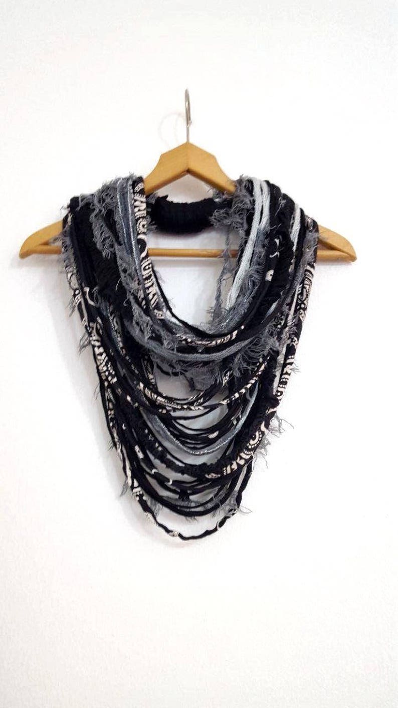 Black&White Gray Textille Scarf Necklace Fiber Necklace Tribal Festival Costume Jewelry Infinity Scarves Coacella Burning Man Infinity Cowl image 2