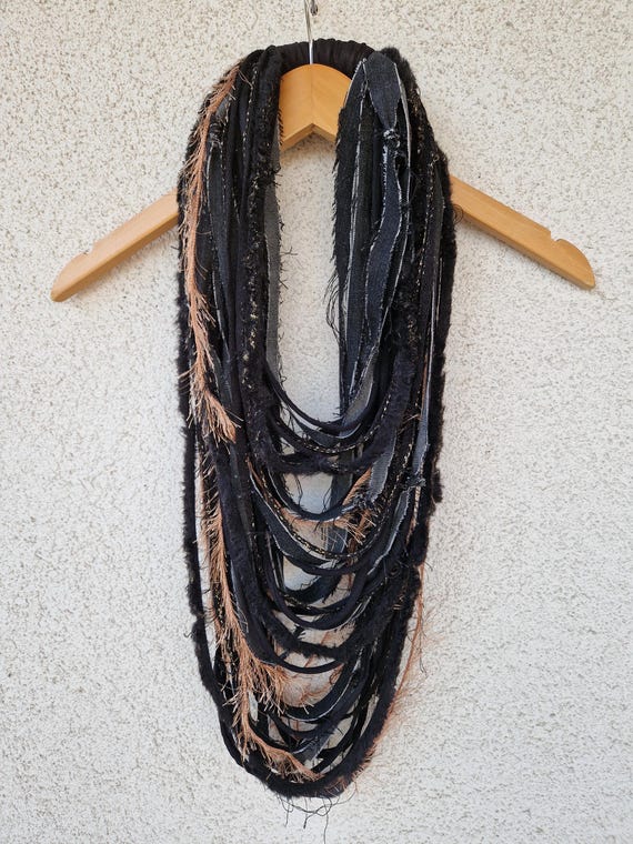 Black&Gold Scarf Necklace Extra Long Necklace Tribal Festival Costume Jewelry Infinity Scarf Burning Man Infinity Cowl Unique Festival wear