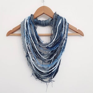 Old jeans Frayed Jeans Denim Scarf Necklace Fabric Jewelry Textile Statement Denim Necklace Big Necklace Loop Scarf Wrap Summer Scarves