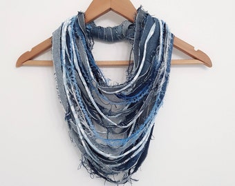 Old jeans Frayed Jeans Denim Scarf Necklace Fabric Jewelry Textile Statement Denim Necklace Big Necklace Loop Scarf Wrap Summer Scarves