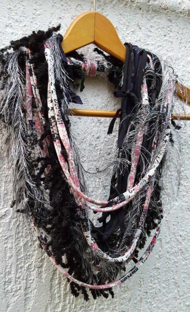 Textile Fabric Statement Necklace Long Multistrands Black Pink Gray Necklace Scarf Winter Necklace Winter Scarves
