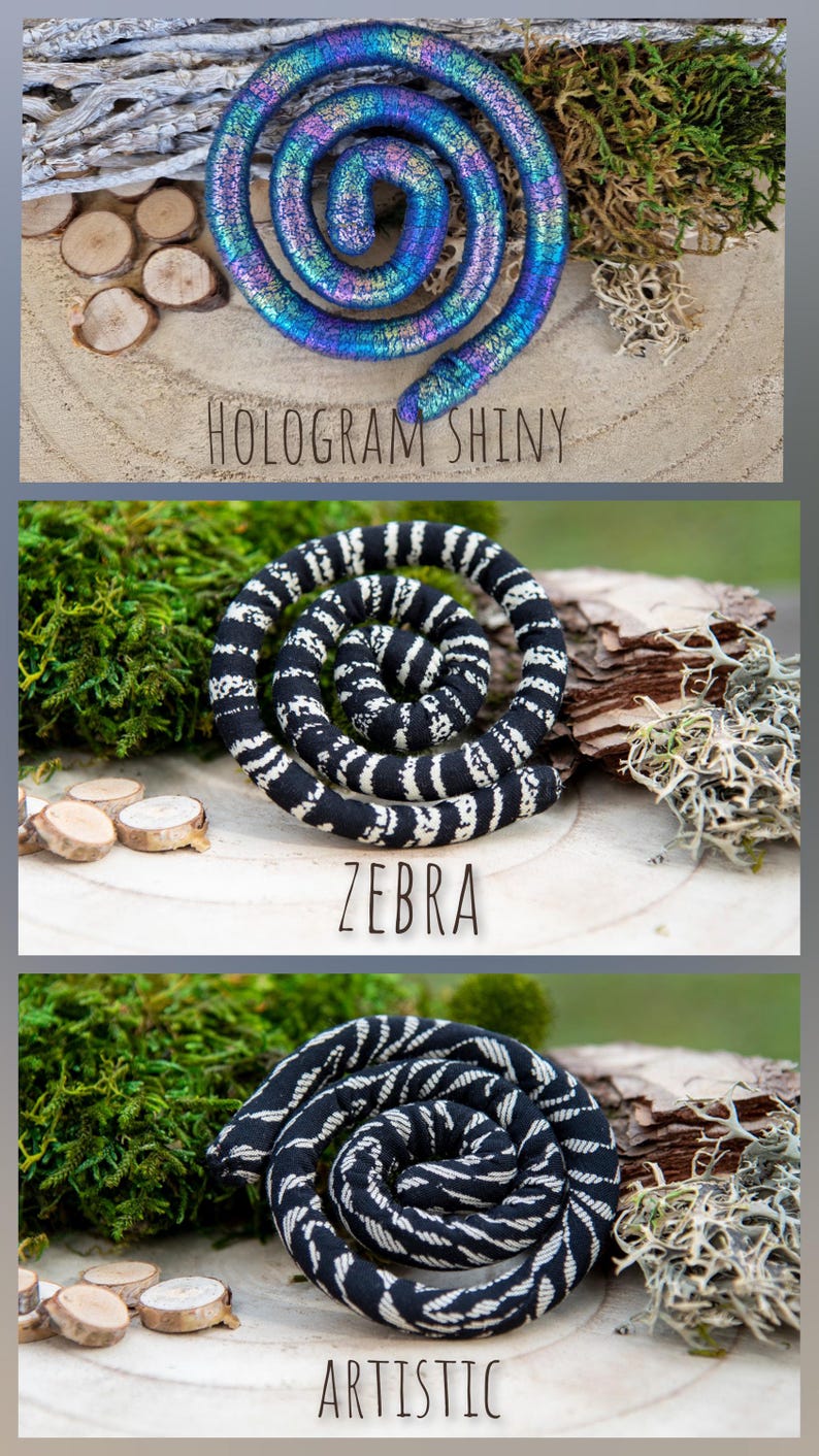 Three different styles of coiled fabric rope, each with a unique pattern. The first is a holographic shiny fabric, the second is a black and white zebra pattern, and the third is a black and white artistic pattern.