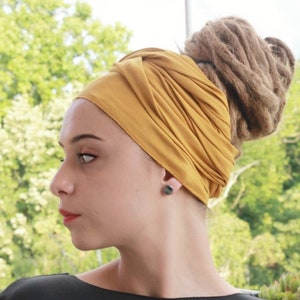 Yellow Mustard Head Scarf Turban Stretchy Cotton Headband Jersey Scarf Wide Scrunch headwrap Summer Yoga Headband Head Scarf New image 6