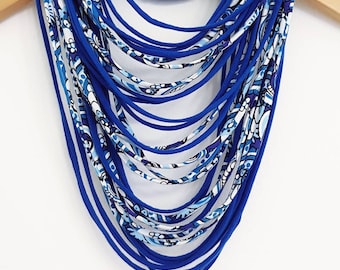 Royal Blue Scarf Necklace Textile Fabric Fiber T-shirt Yarn Necklace Long Multistrand Necklace Loop Necklace Unique Scarf OOAK Scarves