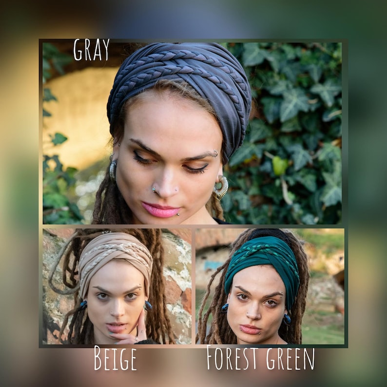 May include: A collection of three braided headbands shown in gray, beige, and forest green. Each headband features a smooth fabric base with a decorative braided detail across the top. The text labels Gray, Beige, and Forest Green are visible.