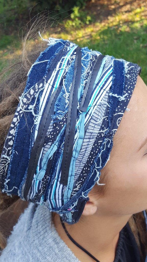 Envoltura de cabeza Denim Azul Tamaño Adulto Headwrap hecho a mano