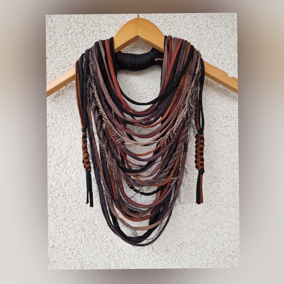 Brown Earthy Textille Scarf Necklace Fabric Necklace Tribal Costume Jewelry Viking costume Scarf Burning Man Art Wear Festival outfit men