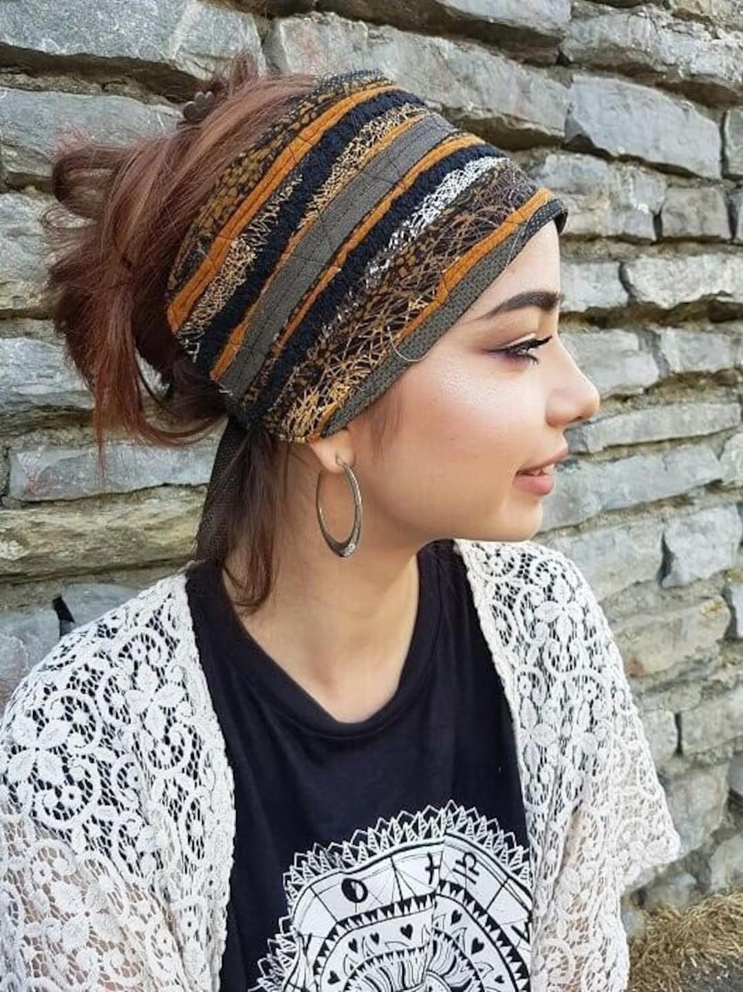 Earth Headband Black Brown Head Scarf Head Wraps Bohemian 