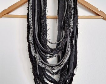 Black Denim Graay Scarf Necklace Fabric Jewelry Textile Necklace Reused Recycled Jeans Fiber Necklace Festival outfit Tribal scarf Unikatina