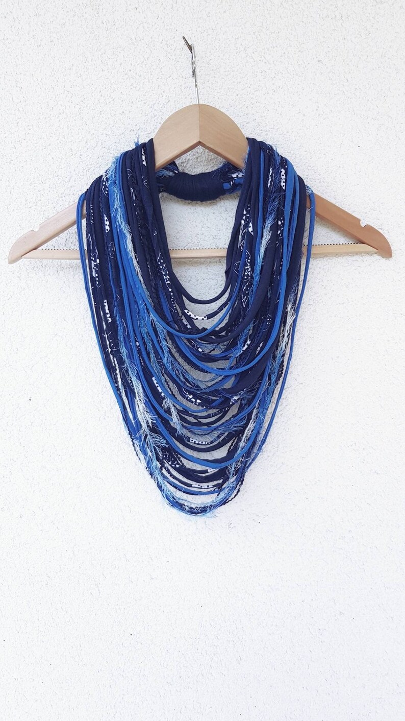 Blue Infinity Scarf Scarf Rope Scarf Necklace Winter accessories Fringe Necklace Boho Hippie Scarves Necklaces Navy Blue Scarf image 3