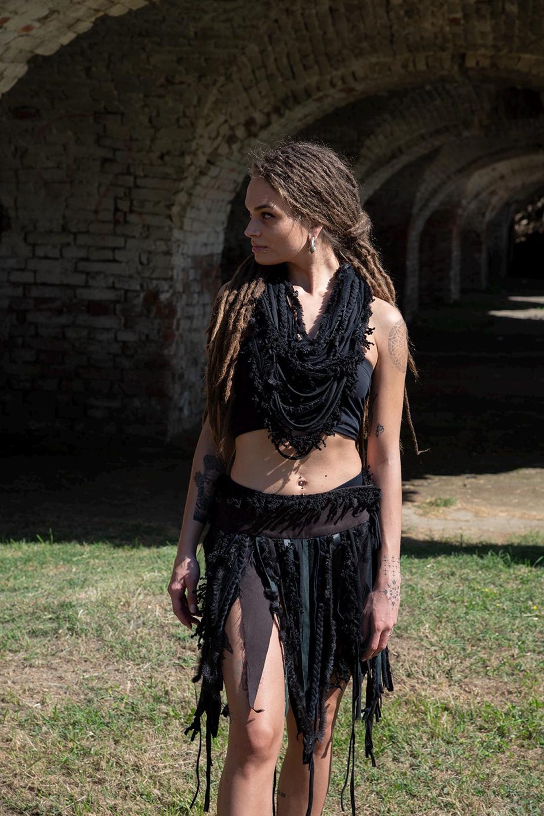 Black Festival Outfit Fringe Skirt Scarf Set Festival Fits Tribal — free download