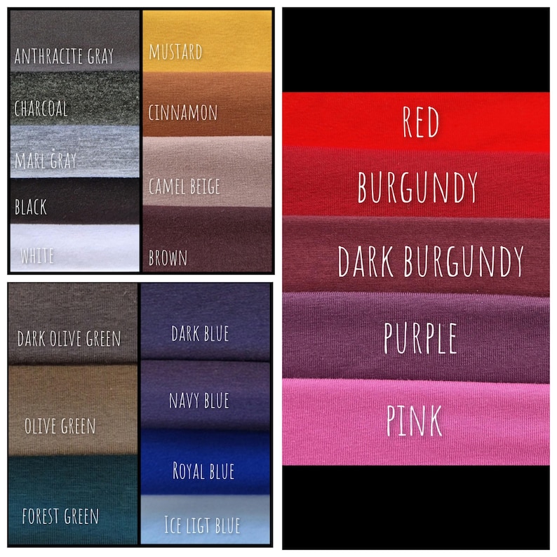 May include: A color chart displaying various fabric swatches labeled with text including Anthracite Gray, Charcoal, Marl Gray, Black, White, Mustard, Cinnamon, Camel Beige, Brown, Dark Olive Green, Olive Green, Forest Green, Dark Blue, Navy Blue, Royal Blue, Ice Ligt Blue, Red, Burgundy, Dark Burgundy, Purple, and Pink.