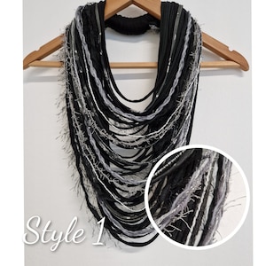 Black&White Gray Textille Scarf Necklace Fiber Necklace Tribal Festival Costume Jewelry Infinity Scarves Coacella Burning Man Infinity Cowl image 3