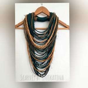 Hunter green and gold infinity scarf necklace Tribal elf jewelry Unique fancy scarf Festival costume jewelry Carnival scarf Festive outfit