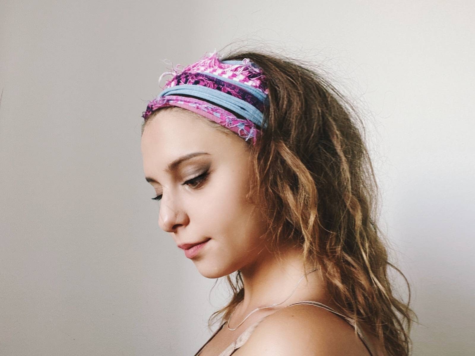 Denim pink headband Self tie adjustable Multi standed headband Non slip frayed loc tie Curly hair headpiece  Dreadband Unique hradwrap