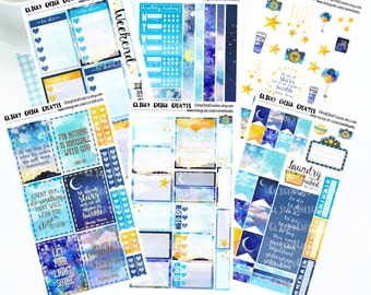 FAITHFUL SKY KIT! Planner stickers, blue, gold, stars, sky, faith, bible journaling, Inkwell, Erin Condren, Happy Planner! {#K1702}