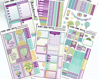 GELATO DREAMS KIT! Planner stickers, hot air balloons, flowers, aqua, purple, yellow, Inkwell Press, Erin Condren, Happy Planner! {#K1704}