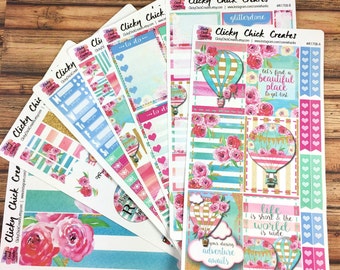 FRENCH RIVIERA KIT! Planner stickers, hot air balloons, pink, turquoise, gold, watercolor, flowers, Inkwell, eclp, Happy Planner {#K1708}