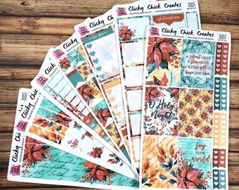 SILENT NIGHT KIT! Planner stickers, Christmas, poinsettia, watercolor, Jesus, faith, religious, Inkwell, eclp, Happy Planner {#K1819}