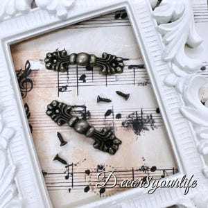 May include: Two ornate metal drawer pulls with a decorative scroll design. The pulls are antique brass in color and come with screws for installation.