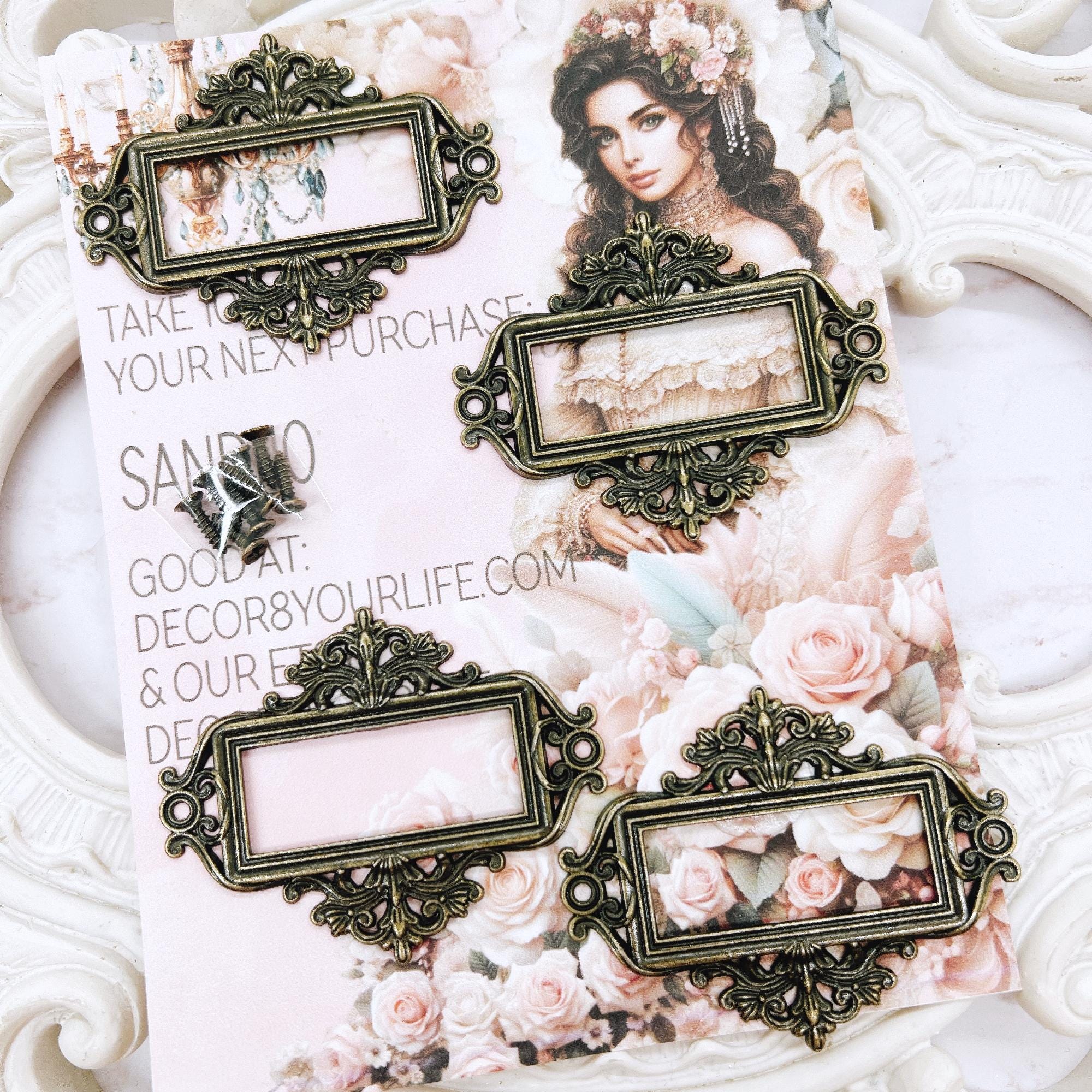 Elegant Antique Metal Label Holders with Screws – 4-Pack for DIY Crafts, Journals, and Scrapbooks | Craft Supplies | Mix Media | Home Decor