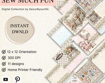 Shabby Chic Sewing Digital Paper Pack: Vintage Scrapbook Designs (Digital Download)