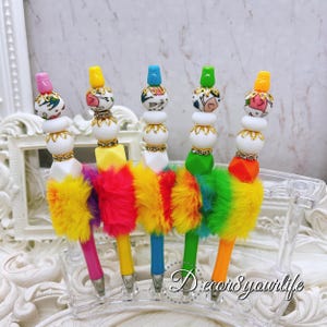 Beaded Pen: Fun Colorful Faux-Fur Beaded Pen with Silicone Beads, Rhinestone Spacers and Refillable Black Ink | Planner, Stationery Gifts