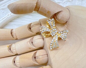 Gold Rhinestone Bow Brooch Embellishment with Looped Tail | Bridal Bouquet, Journal, Scrapbook, DIY Crafts Supplies