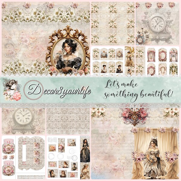 La Condesa Digital Scrapbook Paper Collection, Elegant Shabby Chic Vintage Papers, Ephemera Kit, Junkjournaling Papers, Download and Print.