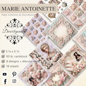 May include: Marie Antoinette paper collection by Decor8yourlife. The collection includes 18 sheets with 8 designs and diecuts. The paper measures 13.65 x 13.65 cm and is 65 lb. cardstock. The designs feature floral and portrait illustrations.
