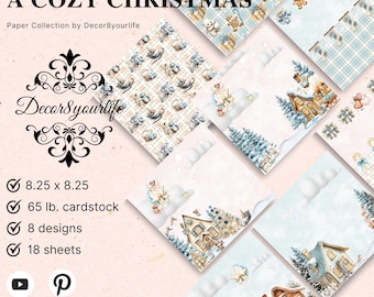 May include: A Cozy Christmas paper collection by Decor8yourlife. The collection includes 8 designs and 18 sheets of 21 x 21 cm cardstock. The designs feature illustrations of teddy bears, houses, and winter scenes in soft pastel colours.
