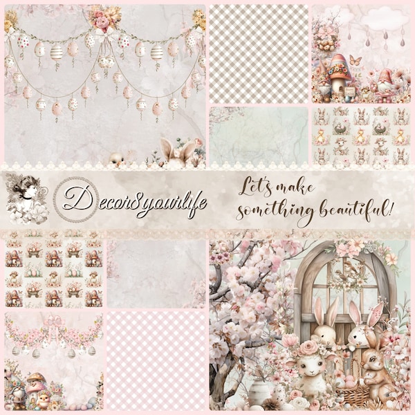 Easter Scrapbook Paper, Pastel Digital Paper, Cute Bunny and Baby Animal Papers,Download and Print, "Blush" Scrapbook Paper, Digital Papers