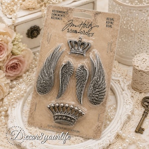 Tim Holtz Regal Adornments, Antique Nickel Crown and Wing Metal Embellishments, 10 Piece Craft Supply Set