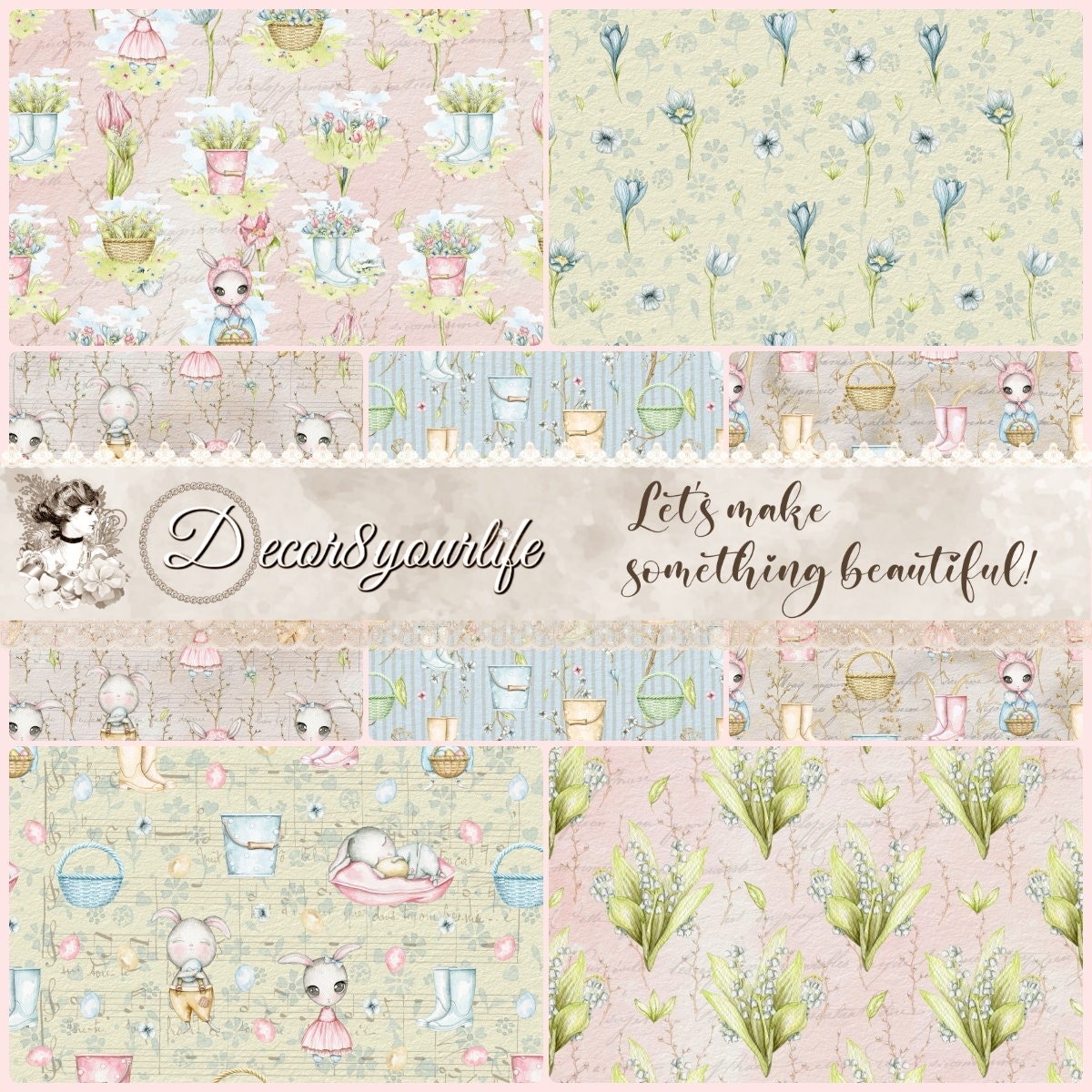 Scrapbook Paper in Spring Floral Theme, Cute Bunnies Digital Paper for ...