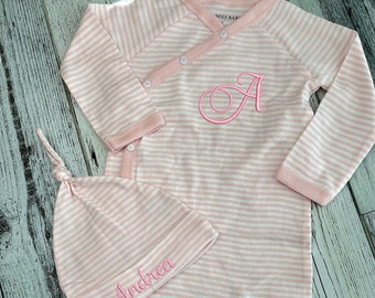 Monogrammed Pink Striped Footie Jumpsuit | Kimono Style | Baby Girl | Take Home Outfit | Baby Shower Gift