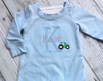 Personalized Light Blue Romper (NEW STYLE w/snap shoulder!)  | Mini Tractor design | Baby Shower Gift | Take Home Outfit | Unisex jumpsuit