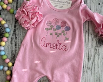 Personalized Floral Sketch Ruffle Romper | Take Home Outfit | Baby Shower Gift | Spring Baby Girl Bodysuit