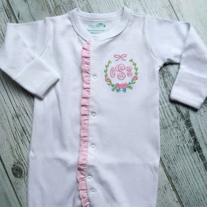 WHITE with PINK ruffle Footie Sleeper Monogrammed / Personalized / Baby Shower Gift / Ruffled Sleeper / Take Home Outfit
