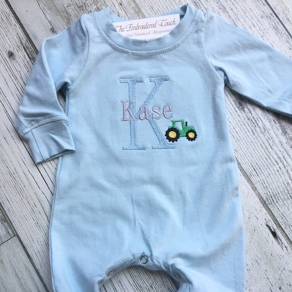 Personalized Light Blue Romper (NEW STYLE w/snap shoulder!)  | Mini Tractor design | Baby Shower Gift | Take Home Outfit | Unisex jumpsuit