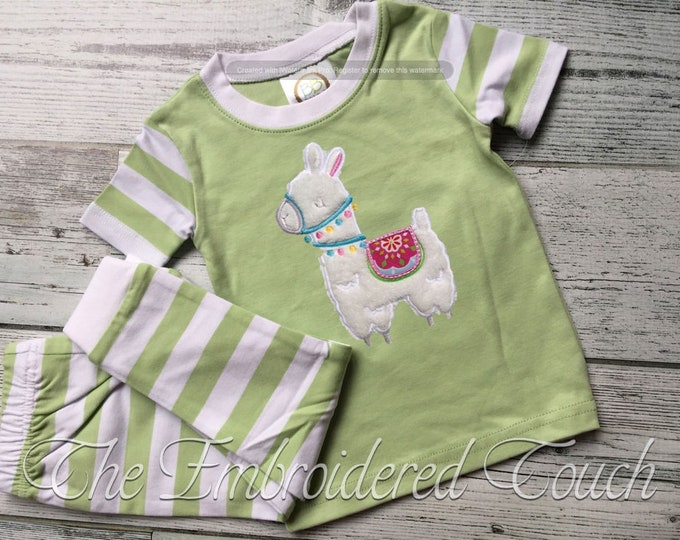 Personalized Llama Short Sleeve light green top w stripe pants Girly Llama Pajamas or design of your choice! UNISEX fit Pajamas