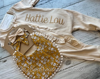 Monogrammed Rib Knit Ruffle Footie: Personalized Baby Take Home Outfit